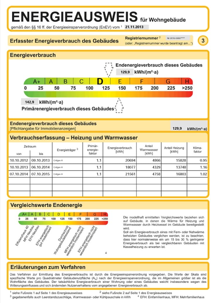 Ausschnitt eines Muster-Energieausweises: Erfasster Energieverbrauch mit farbiger Effizienzskala
